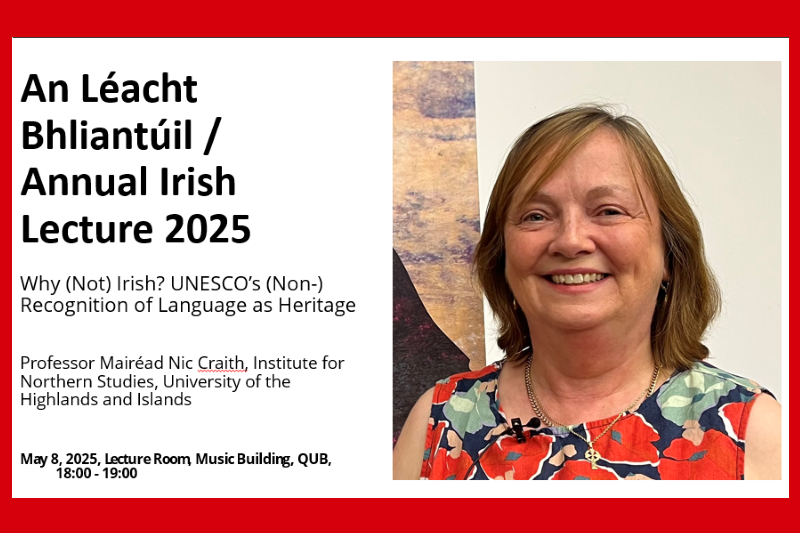 graphic promoting Annual Irish Lecture 2025, showing guest speaker Professor Mairéad Nic Craith alongside event wording